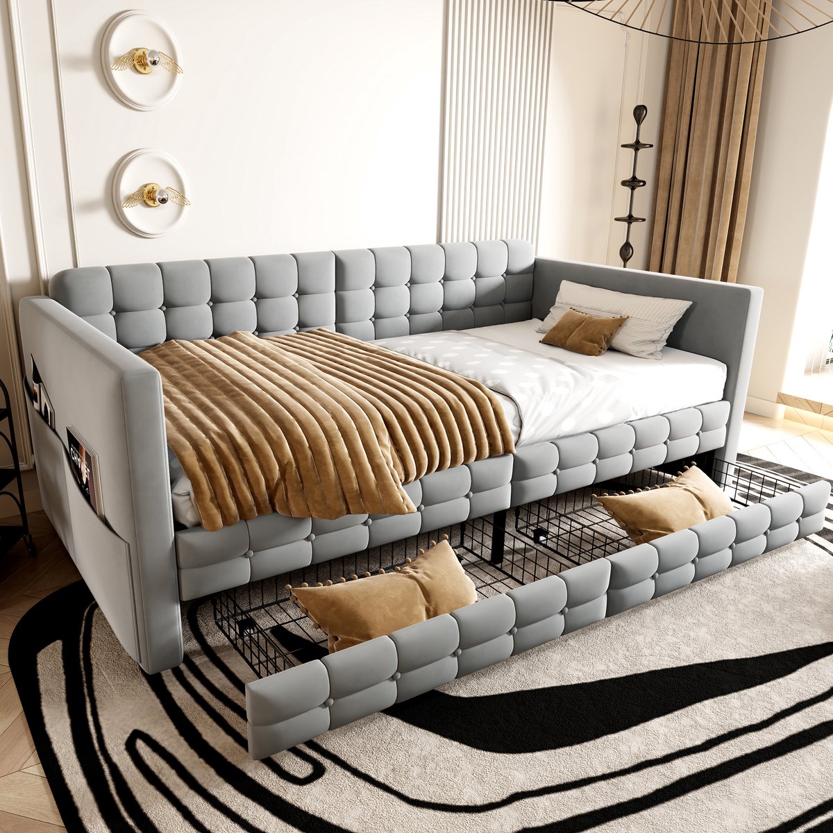 VVBV Bedbank 90x190 cm - Opbergruimte, Met Lades, Ruimtebesparend, Gestoffeerd Hoofdbord - Lichtgrijs, Stof