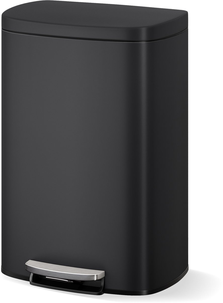 Prullenbak RVS 50L - 42.5x37x66cm - Keuken Prullenbak - Geurcontrole - Uitneembare Binnenemmer - Achterhandvat - Voor Badkamer En Keuken - Zwart