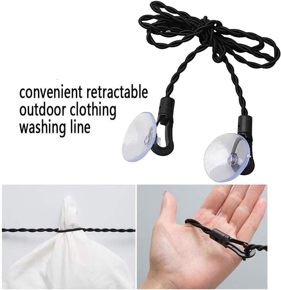 Waslijn uittrekbaar - Zwart - 2,5 meter - Elastische Waslijn met Haken en Zuignappen - Voor Reizen en Outdoor