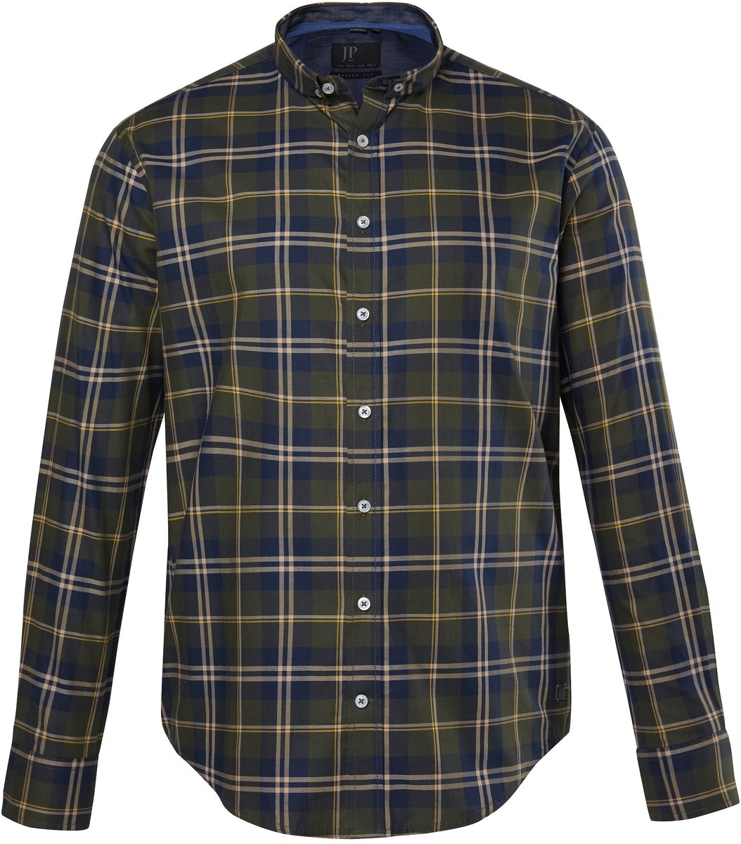JP 1880 - Heren - Geruit overhemd lange mouwen modern fit mini-buttondown kraag - Dennengroen - Maat 5XL