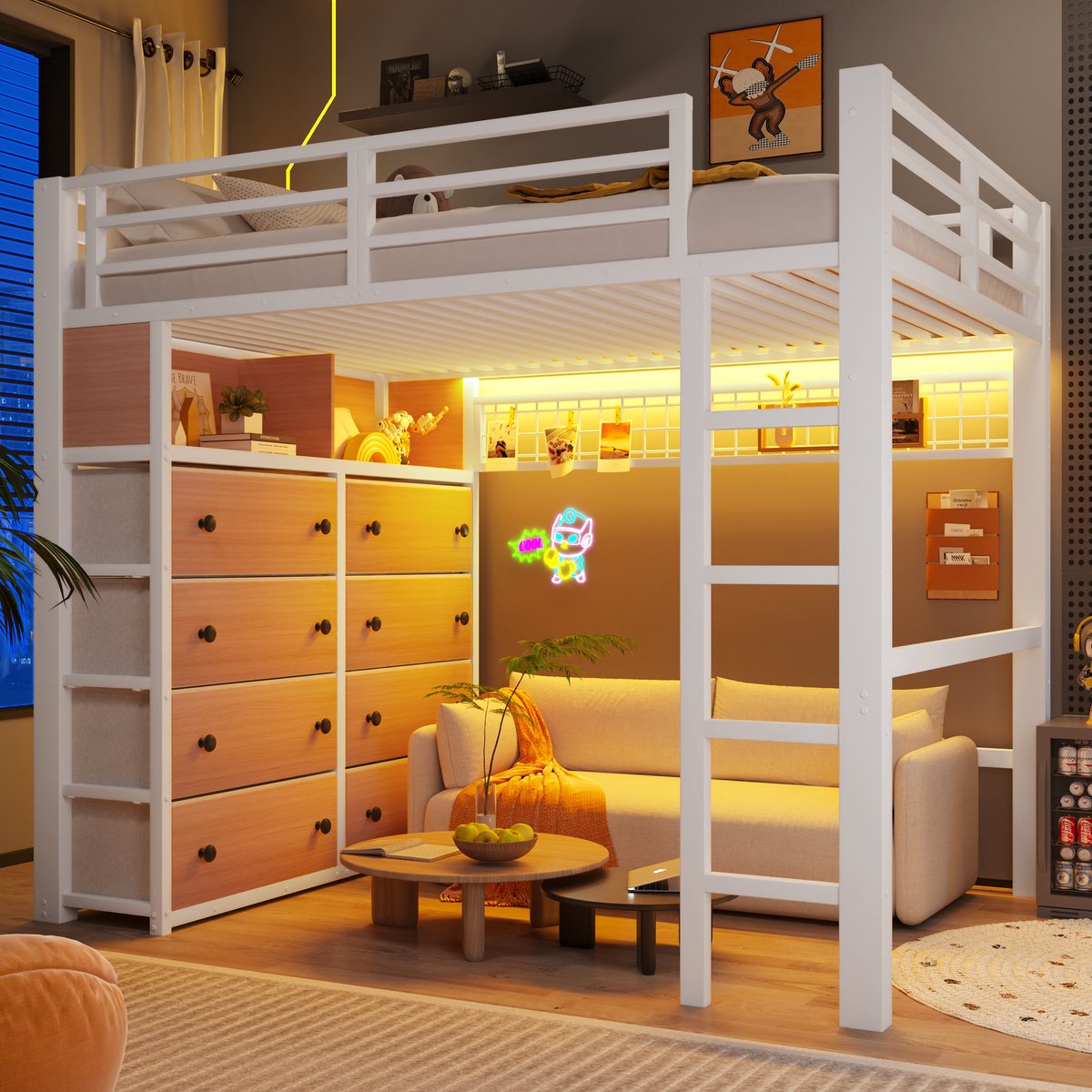 Kinderbed, Tweepersoonsbed, Hoogslaper Van 140X200 cm Met 8 Lades, Metalen Hoogslaper Voor Kinderen Met Ledverlichting, Planken, Een Prikbord En Veel Opbergruimte Onder Het Bed,Wit