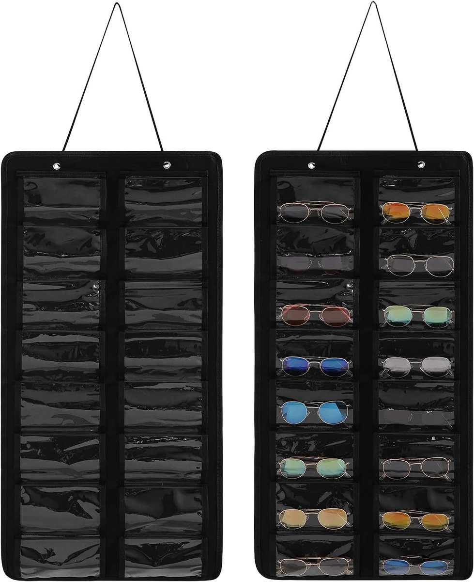 2 Stuks Opbergtas voor Zonnebrillen - Brillen Organizer - Reisetui voor Zonnebrillen - 16 Vakken - Krasbestendige Voering - Viltmateriaal - Wandrek - Stofbestendig - Voor Dames en Heren - Zwart
