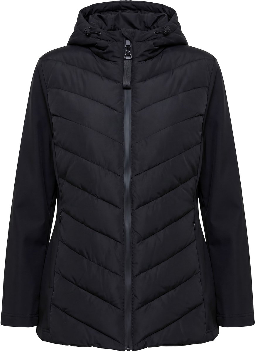 Ulla Popken - Dames - HYPRAR hybride jas materiaalmix opstaande kraag capuchon - Zwart - Maat 54+