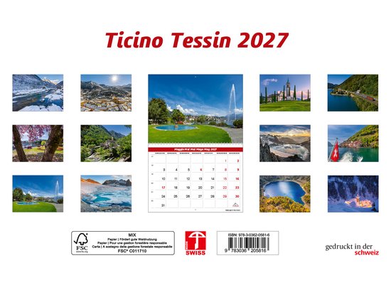 Kalender 2027 Ticino Zwitserland met 12 foto's van bergen, meren en dorpen, waaronder de Zwitserse vlag. Inclusief maandoverzicht van mei.