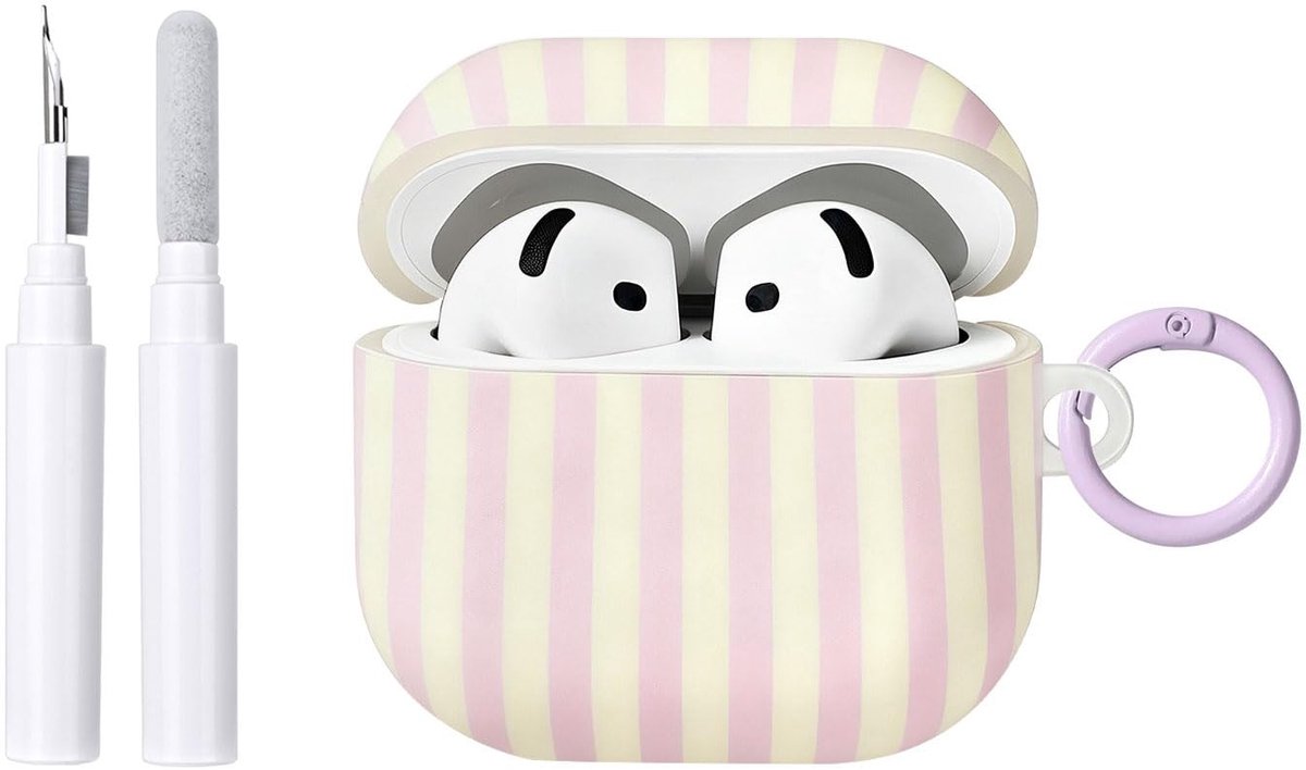 SolidKeus - Hoes voor AirPods 4 met Reinigingsset en Sleutelhanger Paars Gestreept