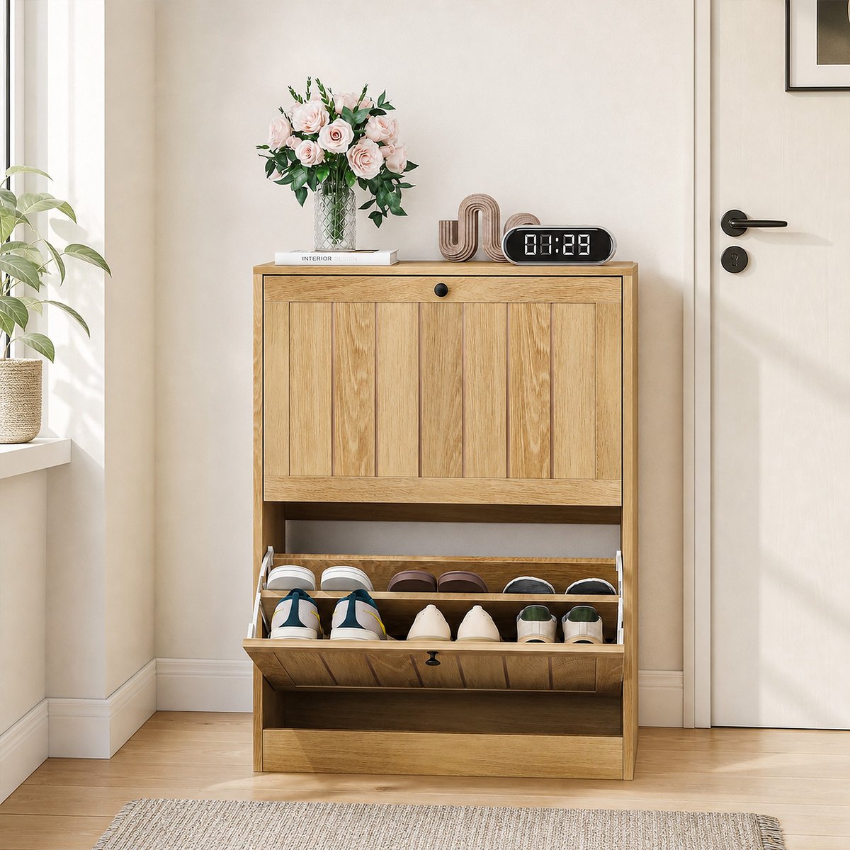Sweiko Schoenenkast - Halmeubel - Houtlook - 2 klepdeur - Natuurlijke houtkleur