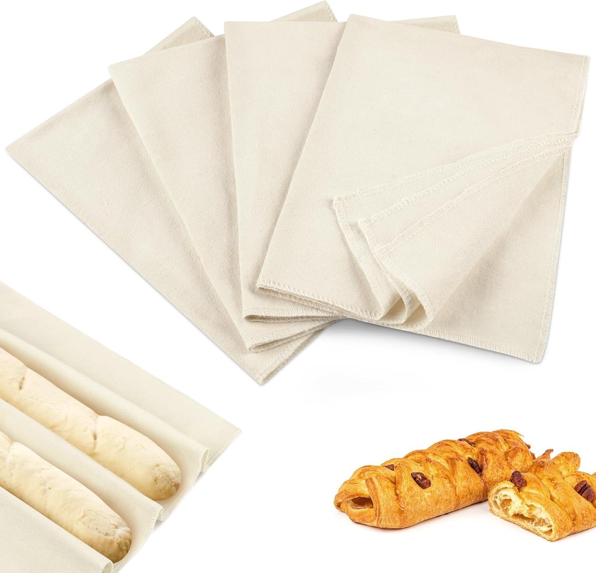 4-stuks Rijsdoek voor brooddeeg - Broodrijsdoek - Bakdoek - Gebruikt voor fermentatie om herbruikbare servetten van riet te maken - 48 × 36 cm - Geschikt voor baguettes, brood, gebak en zelfgebakken brood - Wit