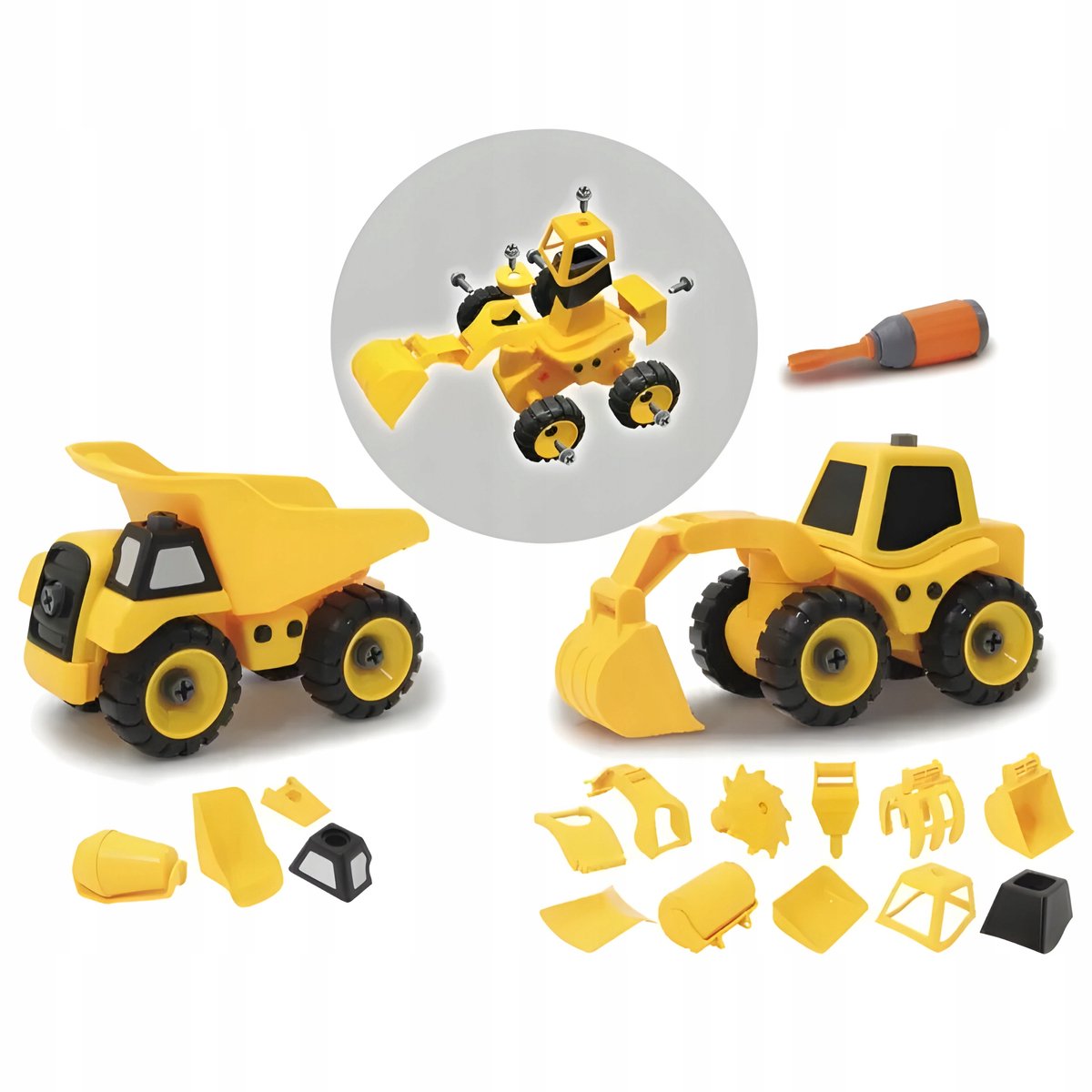 Bouwvoertuigen Set 9-in-2: Graafmachine, Vrachtwagen, Wals met Blocken