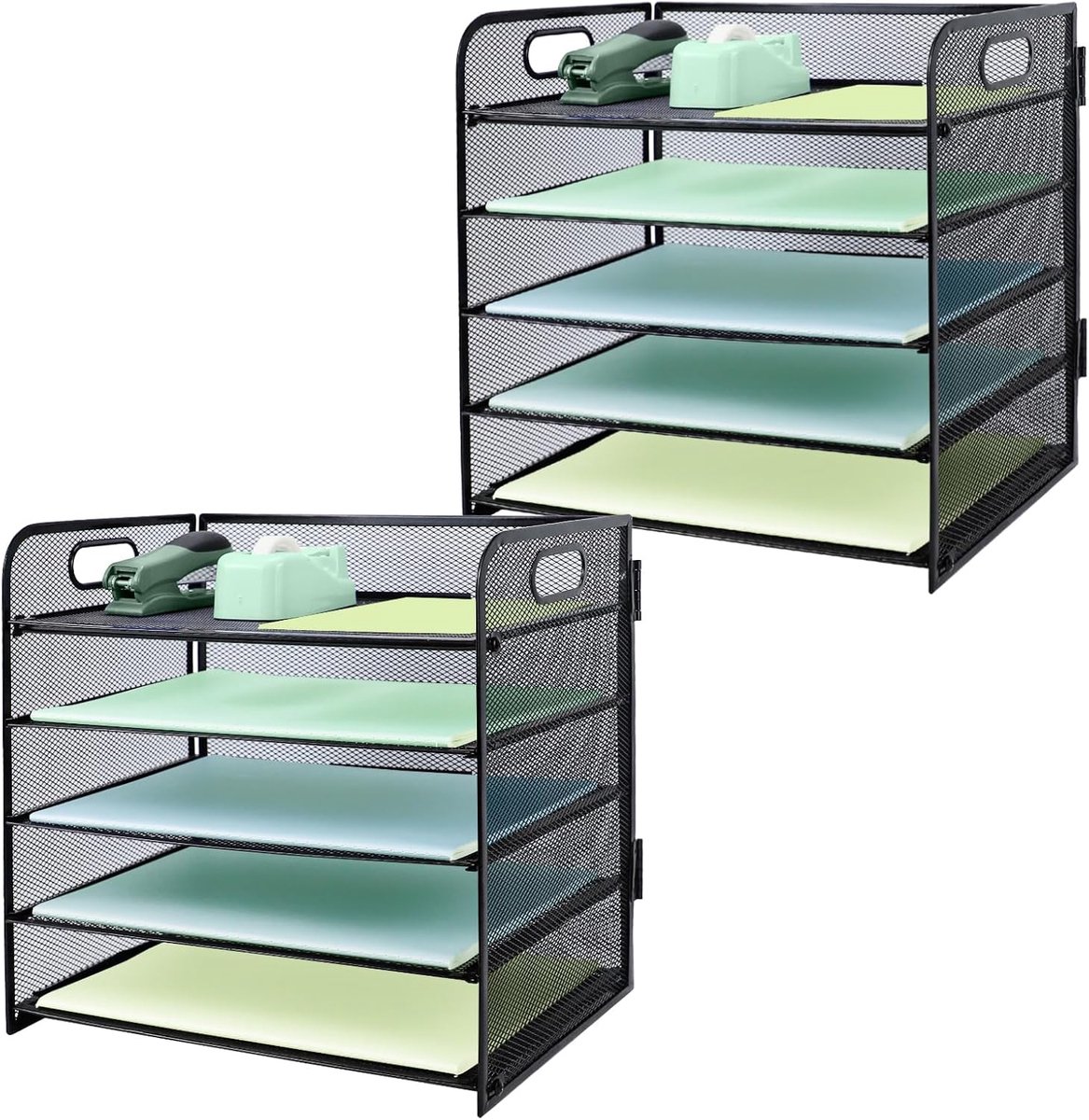 Brievenbak met handvat, 5-laags metalen gaas bureau-bestandsorganizer, A4-papieren bureaubladen, bureau opgeruimde tijdschriftenhouder voor thuiskantoor, 2 stuks, zwart