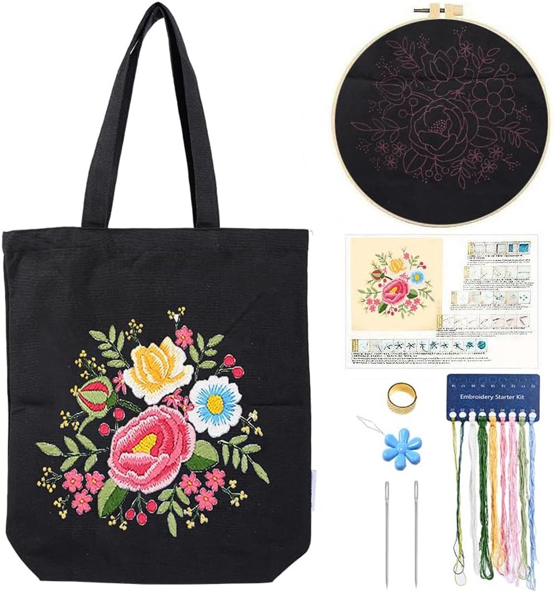 Canvas Tote Bag Borduurpakket met patroon voor beginners, kunst en doe-het-zelf borduurpakketten voor volwassenen, inclusief instructies, borduurringen, kleurdraden en gereedschap