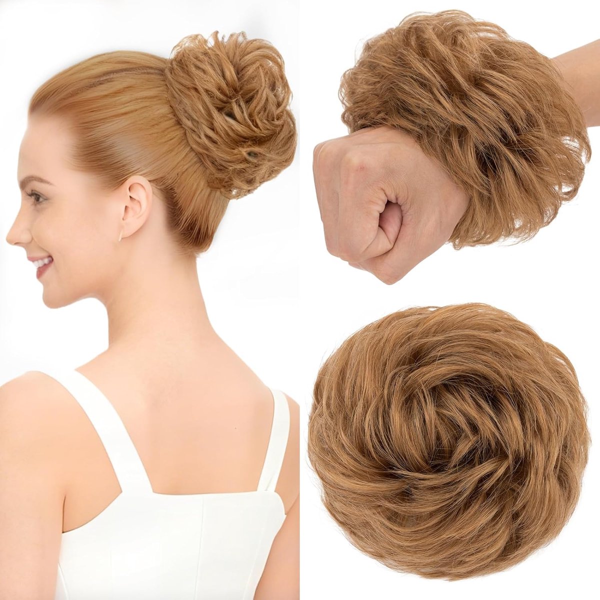 Chignon Postiche Echt Haar Krullen - Natuurlijk Gladde Haar Opsteekknot met Elastiek voor Vrouwen & Meisjes (30g, #06 Lichtbruin)