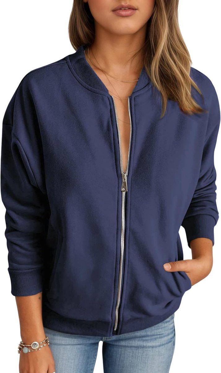 Sweatshirt met rits voor dames, casual sweatjack, overgangsjas, lente, herfst, blouson jas met college-kraag, outwear, effen bomberjack