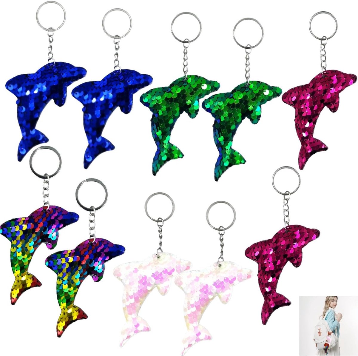 Sleutelhanger, 10 stuks pailletten sleutelhangers, dolfijn hangers, voor feest, verjaardag, dolfijndecoratie, tas decoratie