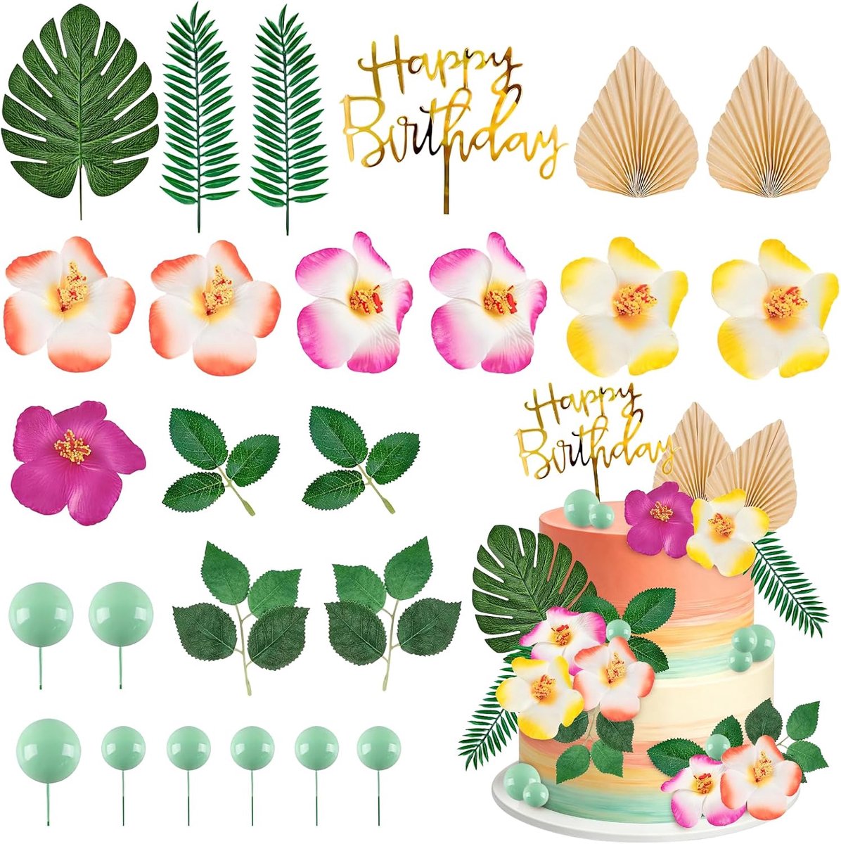 25 stuks taartdecoratie, Hawaii-bladeren, bloemen, taartdecoratie, ballen, taartdecoratie, tropische Happy Birthday, taarttopper, Hawaiiaanse taartdecoraties voor verjaardag, luau, strandfeesten