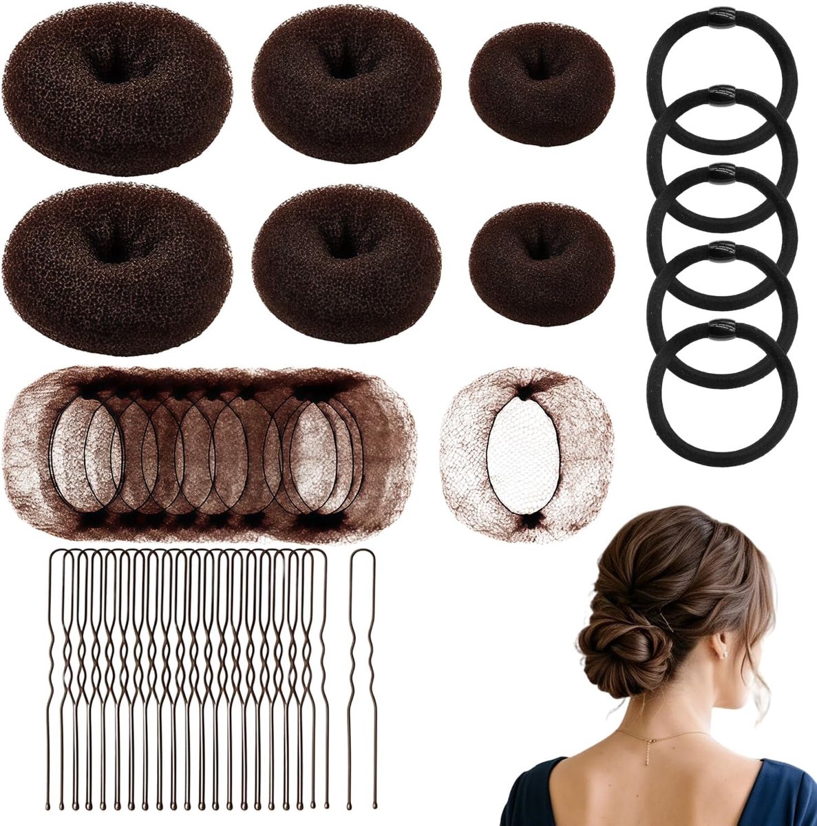 Donut Set, 71-delige kit, 6 haar donuts (3 maten), 20 haarnetten, 40 haarspelden, 5 elastieken, bruin