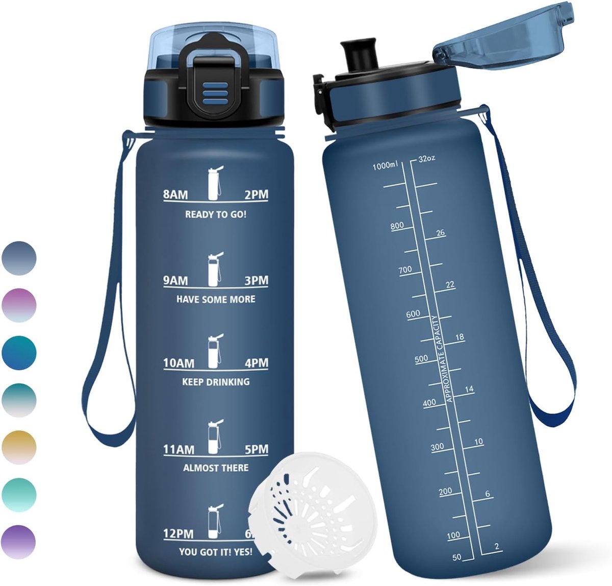 Waterfles, 1 liter BPA-vrij, Sportwaterfles, Met tijdmarkering, Waterflessen, Lekdicht sluitingsdesign, Sportwaterflessen voor kinderen - Marineblauw