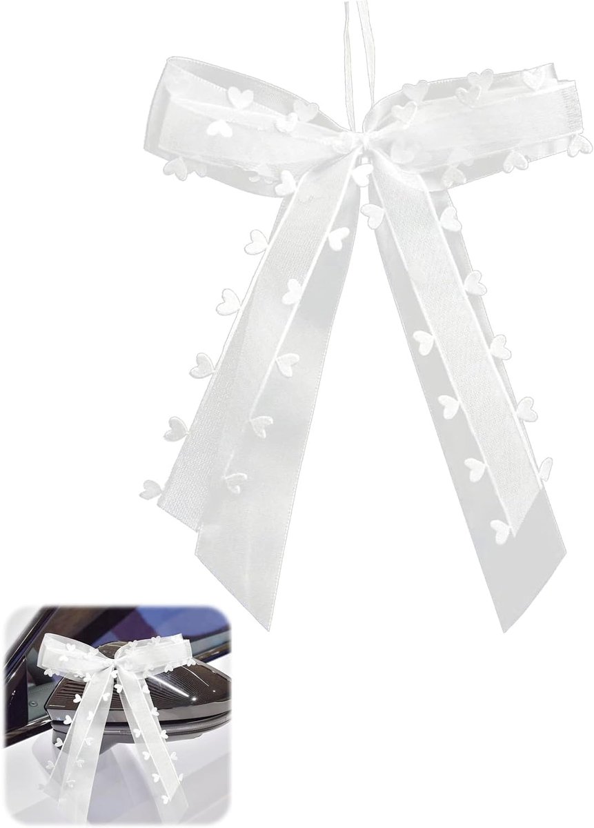 Strikken, voor bruiloft, auto, 8 stuks, 11 x 19 cm, witte organza met hartjes, decoratie voor bruiloft, doop en feest