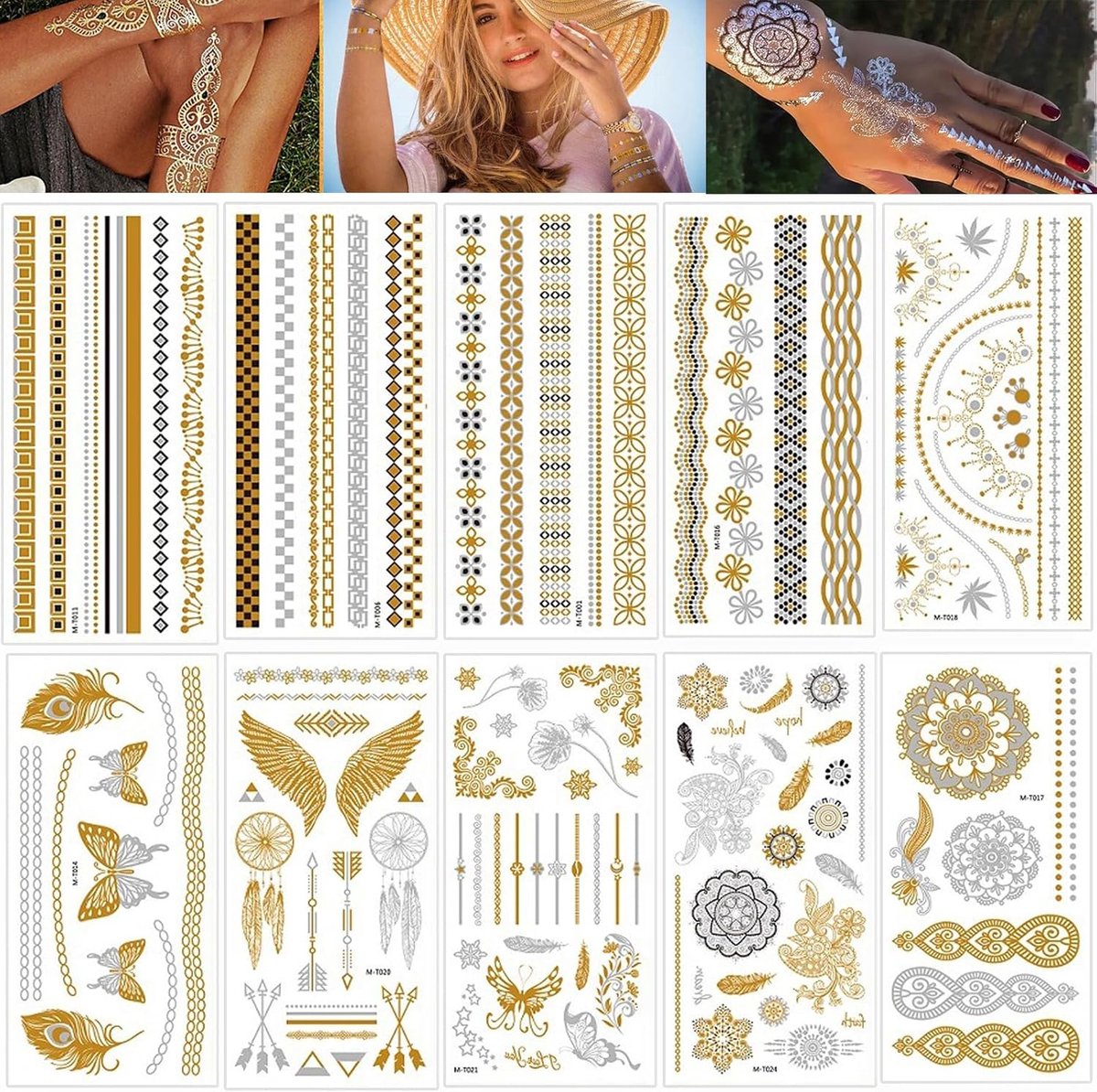 Tatoeages, 10 vellen, 125+, glitter, metallic tijdelijke tatoeages om op te plakken, tatoeages voor volwassenen en dames, waterbestendig, festivalaccessoires voor vrouwen, jongeren, meisjes