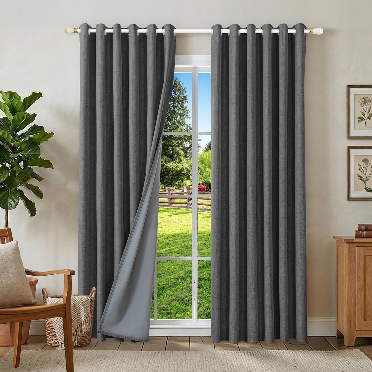100% verduisteringsgordijnen linnen gordijnen met ogen 2-delige set, thermogordijn hittebescherming H 200 x B 200 cm, linnenlook gordijnen lichtdicht grijs geluidsisolatie voor slaapkamer