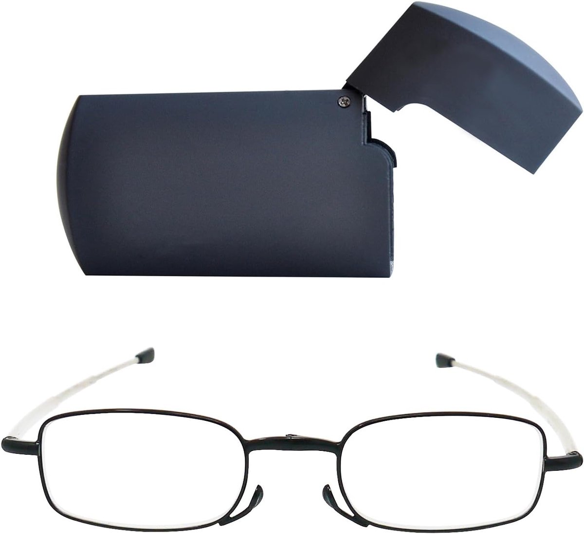 Opvouwbare metalen leesbril voor dames en heren met telescopische pootjes, rechthoekige glazen en compact flip-top etui