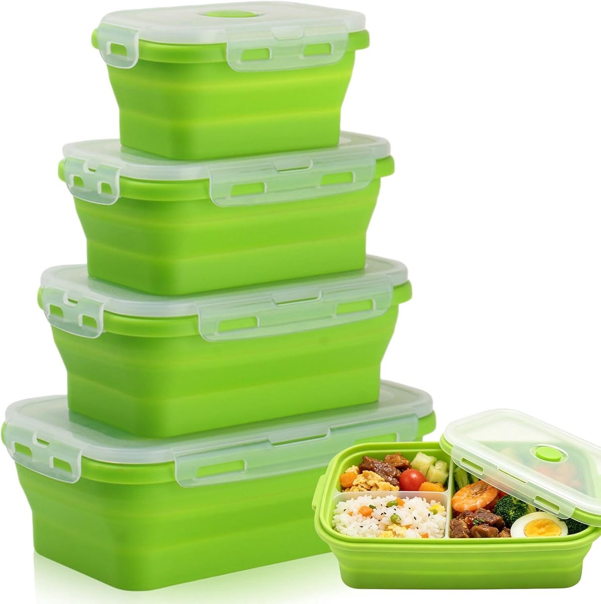4 stuks 350 ml/500 ml/800 ml/1200 ml opvouwbare siliconen blikjes: purgroen opvouwbare broodtrommel, ruimtebesparende opvouwbare lunchbox, BPA-vrije siliconen voorraaddozen, voor voedselopslag