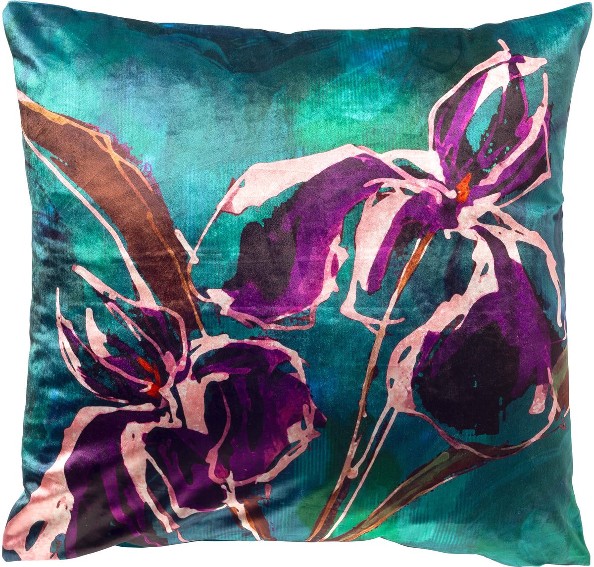 Dutch Decor VANESSA - kussenhoes 60x60 cm - glansvelours - bloemmotief - Trekking Green - multicolour - met rits - zonder binnenkussen