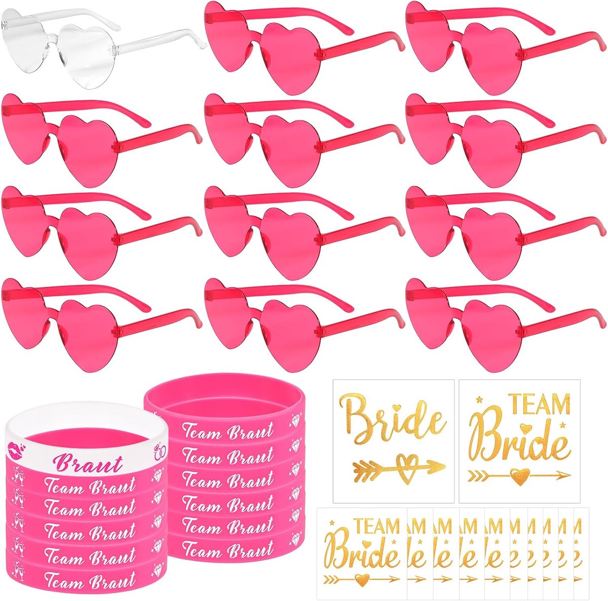 36 stuks JGA accessoires voor vrouwen, 12 JGA-brillen met hartvormige zonnebril + 12 JGA-decoratie armbanden van siliconen + 12 team bruid-tatoeages voor de bruiloft, vrijgezellenfeest voor