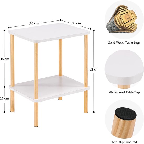 Bijzettafel van hout, 2 dieren, smal nachtkastje met opbergruimte, kleine ruimtes, Scandinavische stijl voor slaapkamer, balkon, eenvoudige montage, wit/naturel, 40 x 30 x 52 cm, (APET020) — afbeelding 5
