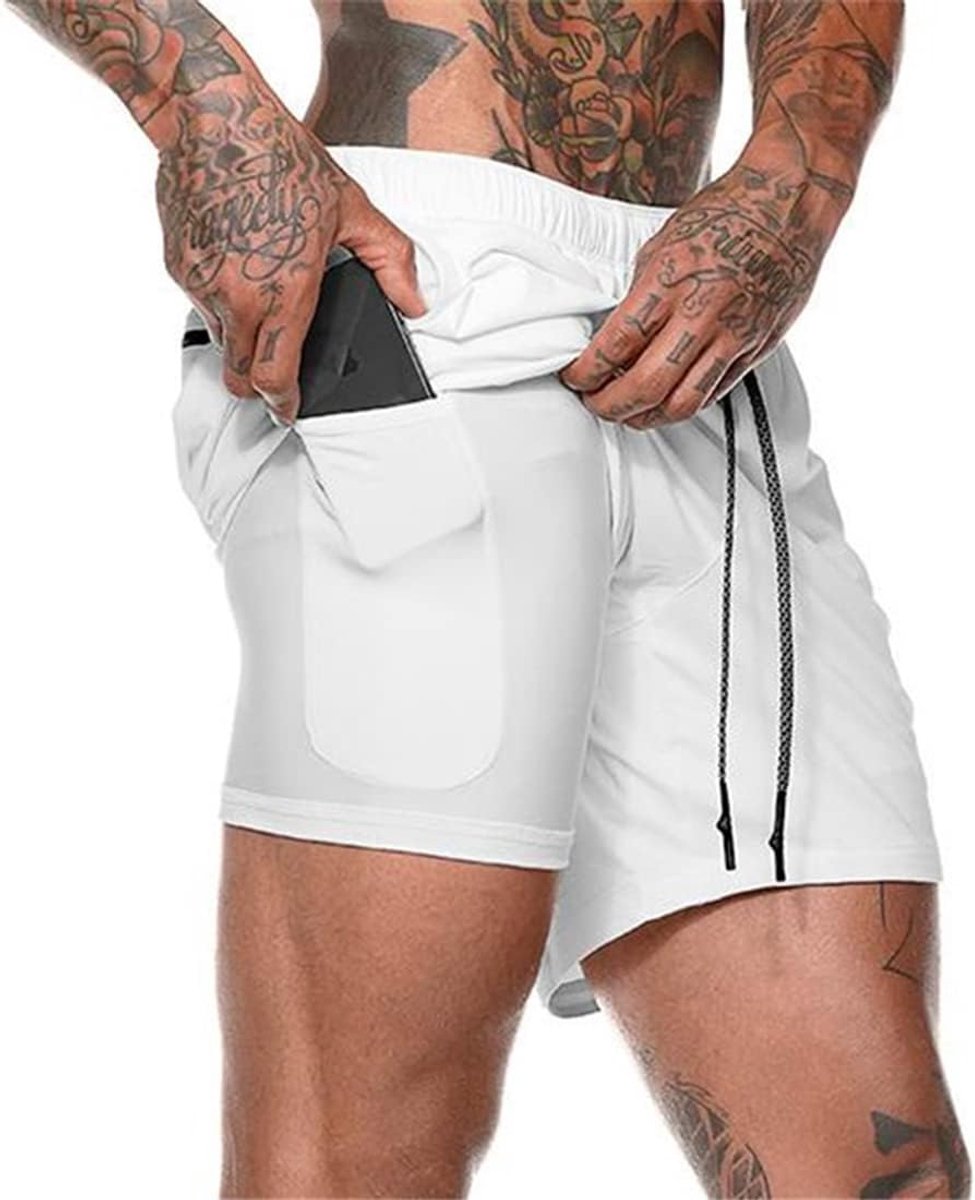 Shorts heren 2-in-1 trainingsshorts zomer korte broek sneldrogende hardloopshort sportbroek met zakken compressieshort