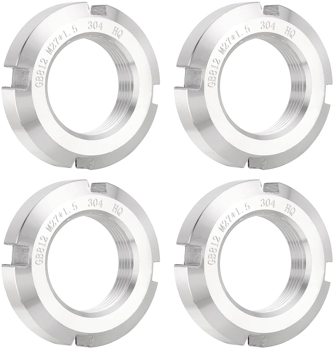 M27 x 1,5 mm, 4 stuks bevestiging ronde moeren geribbeld, vier groeven, ronde vergrendelingsmoer van roestvrij staal 304 voor verschillende rollagers, industrie, zilver.
