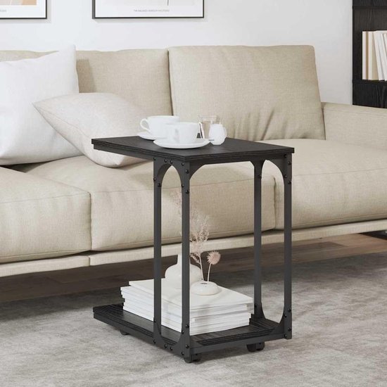 Bijzettafel met wielen in eikenlook, 50 x 35 x 55,5 cm, zwart, met plank en opbergruimte, gepoedercoat metalen frame, houtmateriaal, voor woonkamer — afbeelding 2