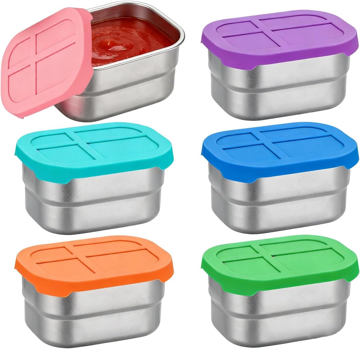 RVS Snackdozen-6 Stuks 230ml-Lekvrije Voedselopbergdoos met Siliconen Deksel-Kleine RVS Lunchbox voor Noten, Fruit en Snacks