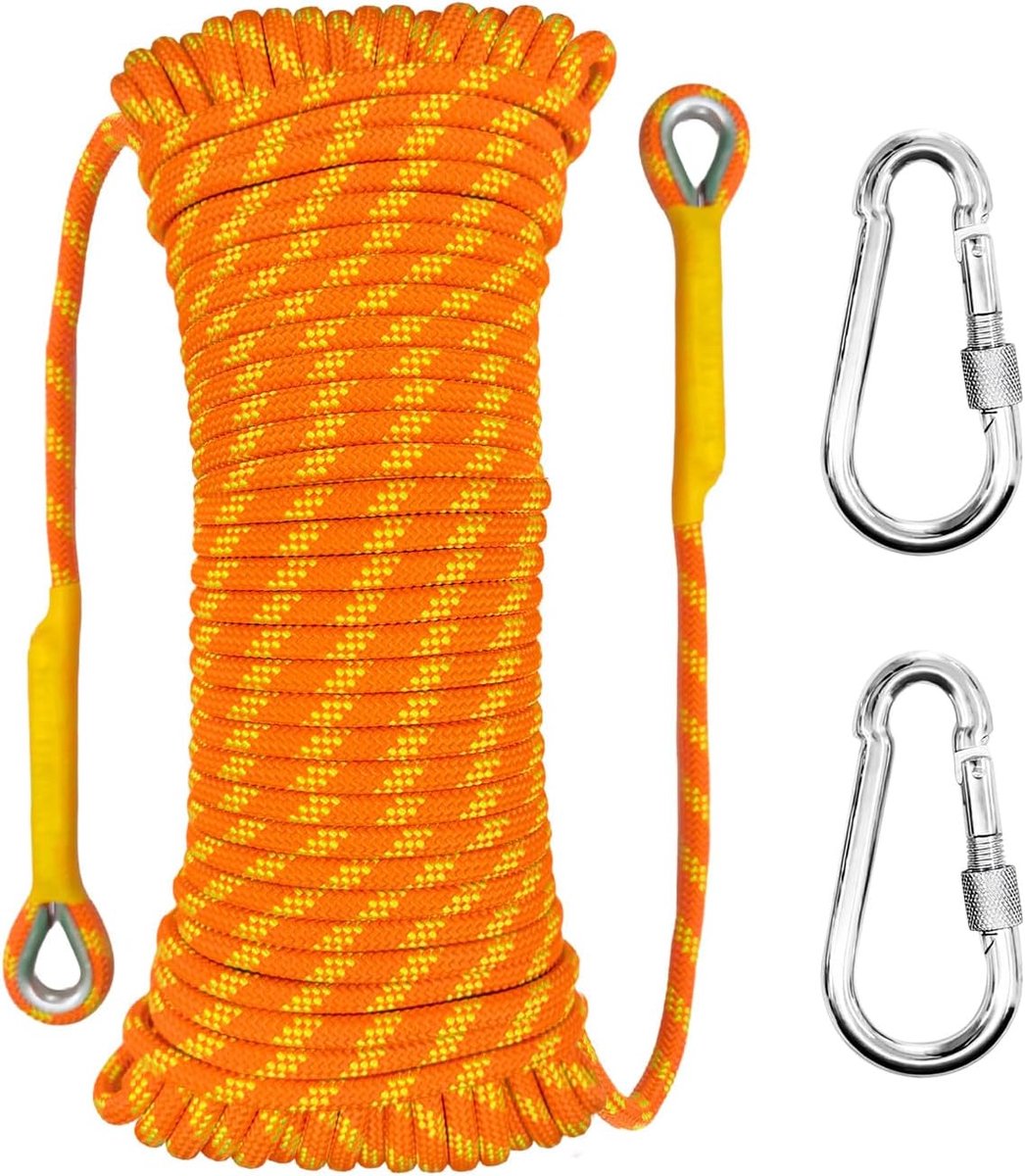 10m Statisch Touw 10mm Outdoor Bergbeklimmen Touw met 2 Stalen Haken Heavy Duty Voor Reddingsboten Parachutes Wandelen Camping UIAA Certificering Fluorescent Oranje