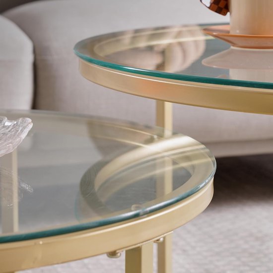 Bijzettafels in de woonkamer, kleine eettafel en bureautafel van gehard glas, groot 80 x 80 x 45 cm, klein 60 x 60 x 35 cm, goud — afbeelding 5