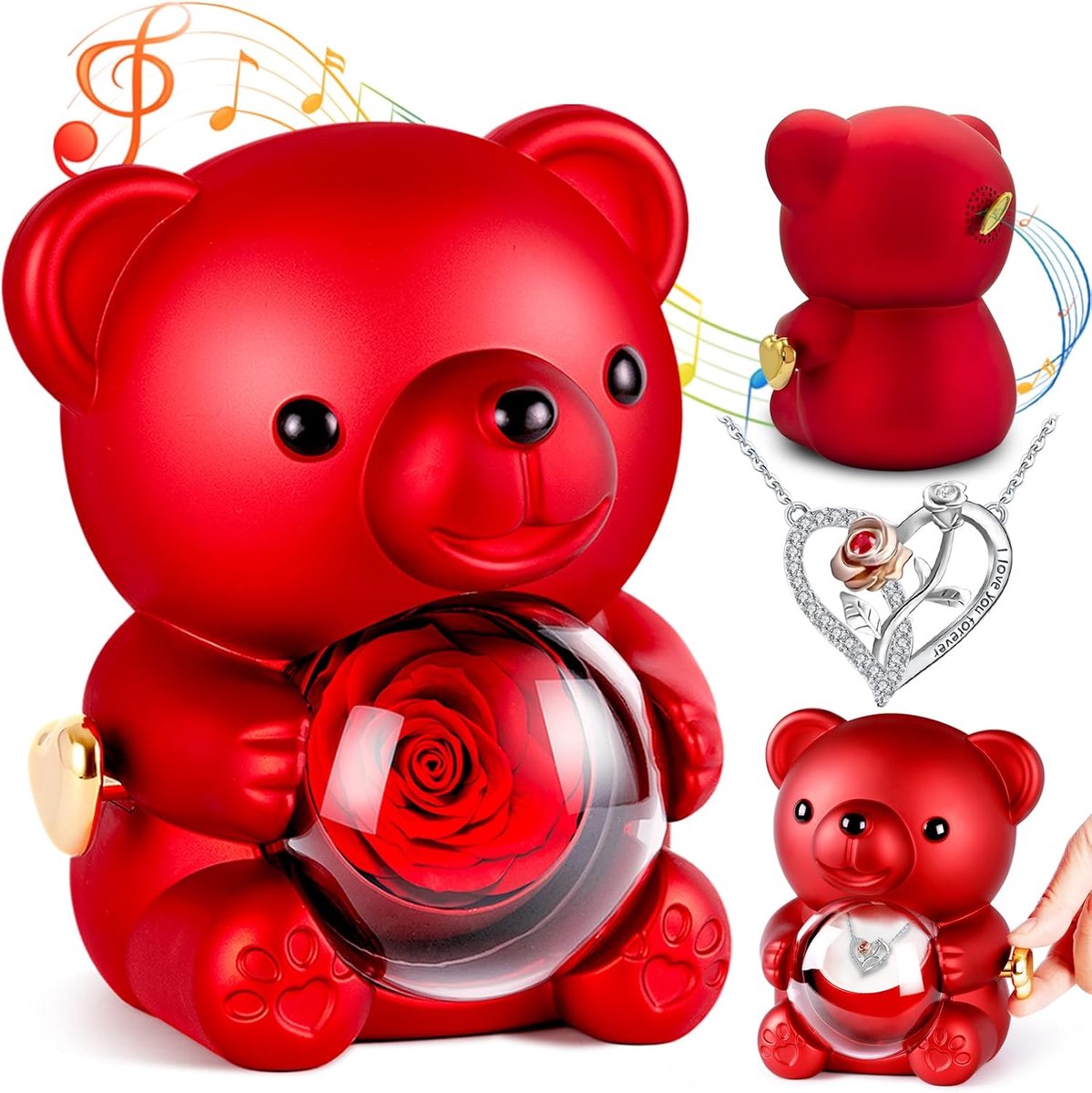 Roos met Muziekdoos, Handslinger, Muziekdoos Beer met Ketting en Roos, Geschenken voor Dames,Valentijnsdag, Moederdagcadeau, Rozenbeer Geschenkdoos, Kerstcadeaus voor Vrouwen