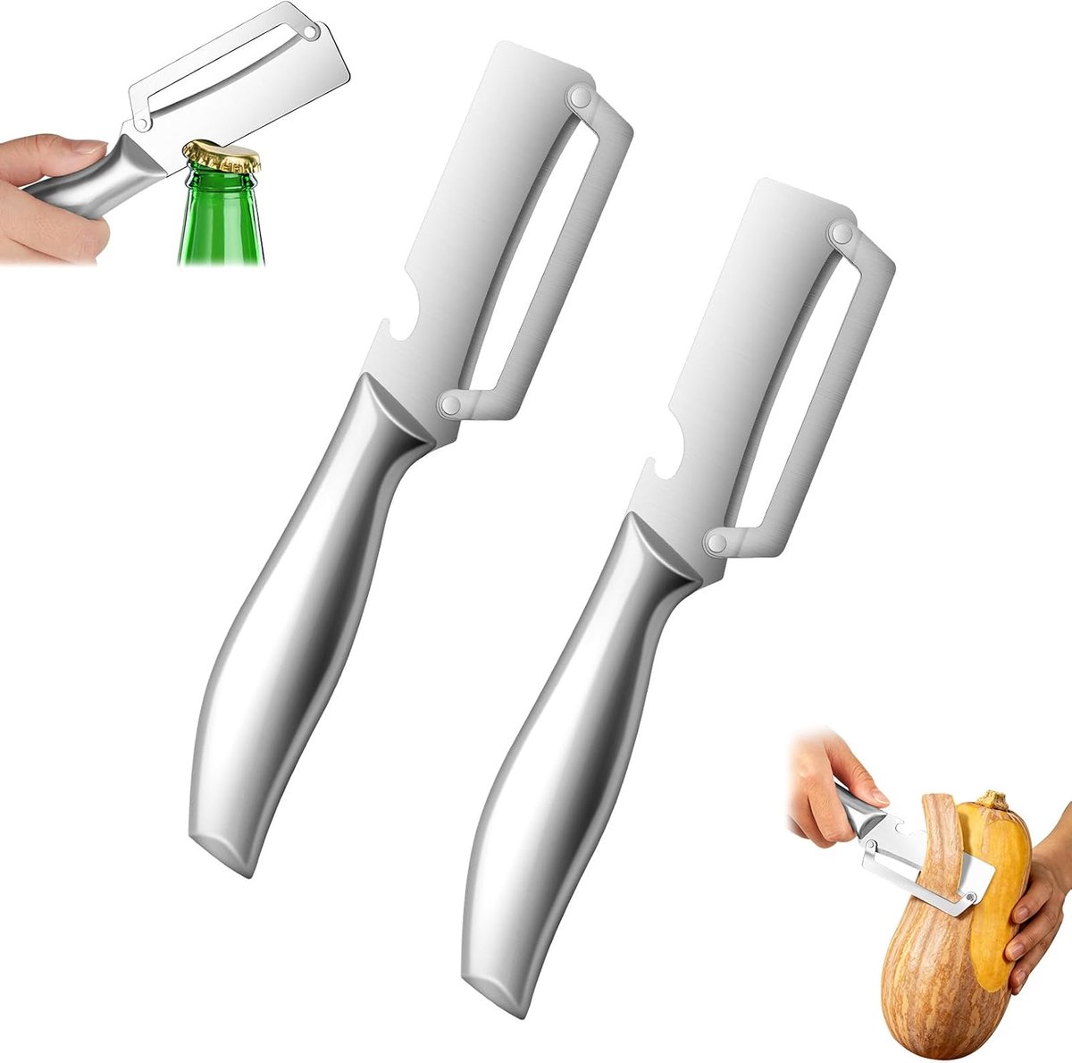 2 stuks multifunctionele dunschiller van roestvrij staal, aardappelschiller met ergonomische antislip handgreep, 2-in-1 fruitschiller en flesopener met één mes, voor groenten, wortel en fruit