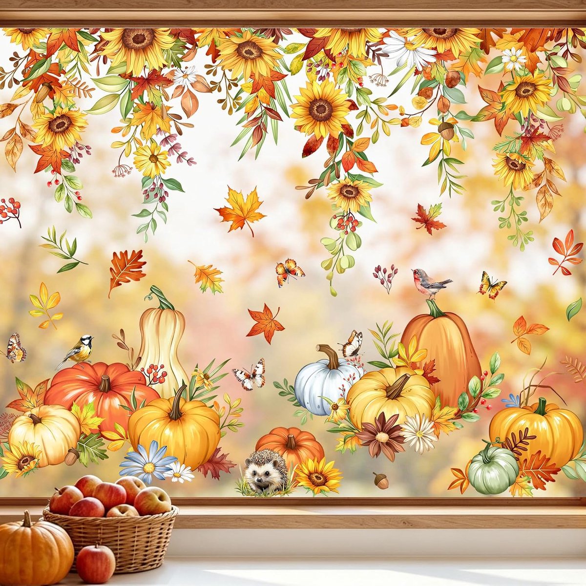 9 vellen herfst zonnebloem venster klampt opknoping bloem wijnstok pompoen raamstickers herfst bloemen statische herbruikbare stickers voor oogst feest thuis klaslokaal kantoor school decor
