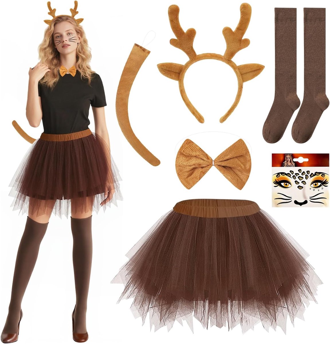 Dierenkostuum voor dames, volwassenen, dier, jurk voor dames met haarband en stickers, verkleedkleding voor volwassenen, voor carnaval, Halloween, verjaardag, themafeest, cosplay