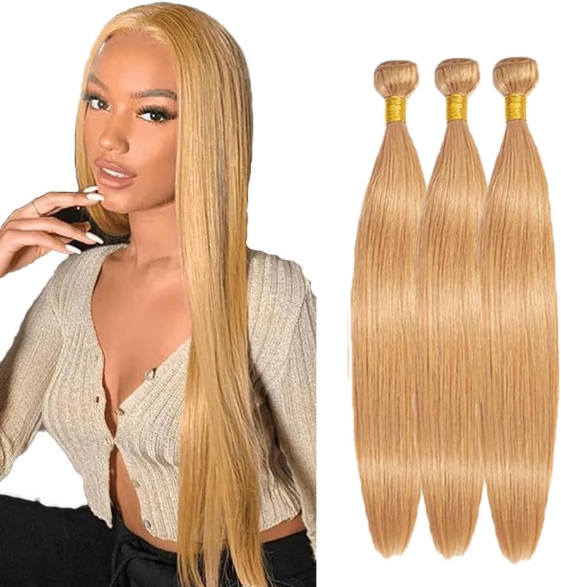 Peruik Dames Bundles Human Hiar Unprocessed Brazilian Virgin Human Hair Extensions #27 Honey Blonde Bundle With Minimal Shedding For Women 22 24 26 Inch