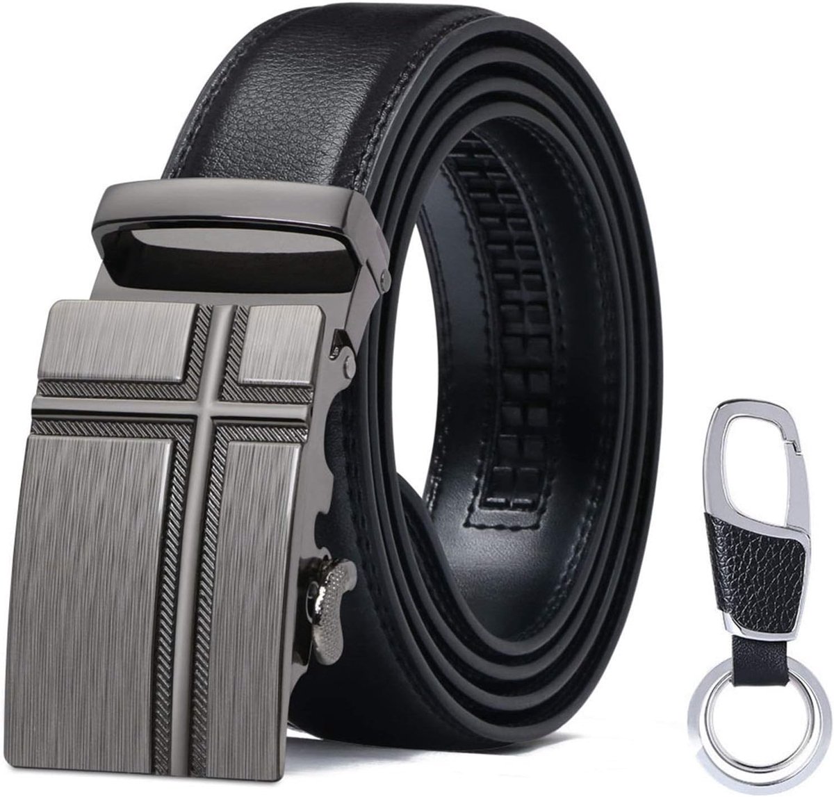 Flintronic Heren Riem, Automatische Gesp Lederen Ratelriem voor Mannen, Leren Riem Breedte 3,5 cm Lengte 125 cm (Incl. Sleutelhanger & Geschenkdoos)