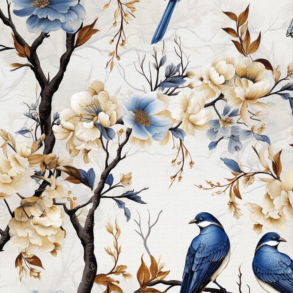 Behang, Vintage Blauw Bloemen en Vogels Schil en Plak Contactpapier, 44x300CM Retro Planten en Dieren Patroon Afneembaar Behang Decoratiefolie voor Muursticker
