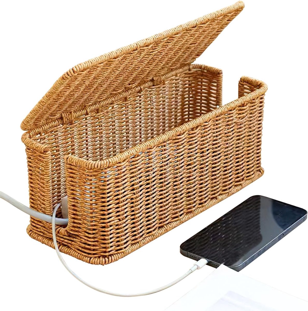 Kabelorganizer, handgemaakte kabelbox met deksel, organizer box voor het verbergen van stekkerdozen en kabels voor tv en computer, voor kantoor, thuis (bruin)