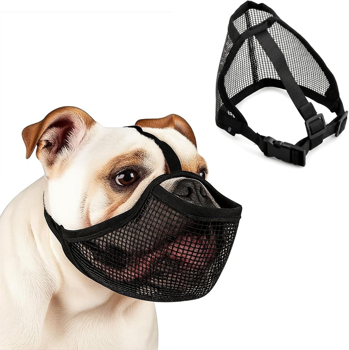 Muilkorf voor honden, zwart, voor kleine en middelgrote honden, verstelbaar en ademend, voorkomt kauwen en bijten, zacht net voor training en wandelingen (S)