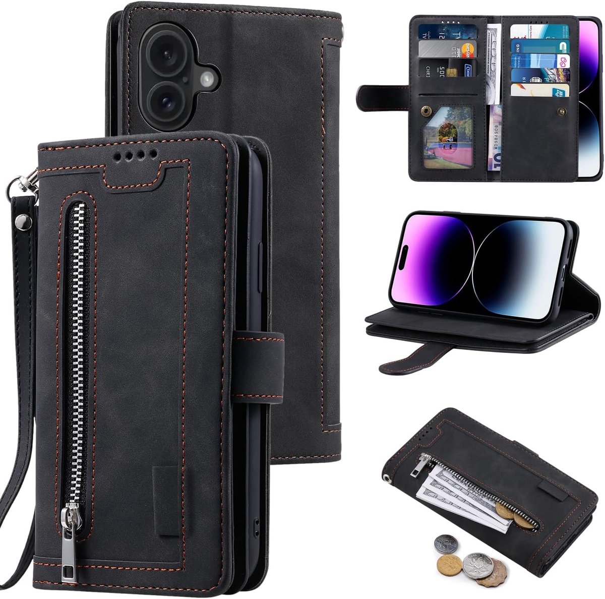Beschermhoes voor iPhone 17, leren klaphoes, magneetsluiting, portefeuille, met 9 kaartvakken, standfunctie, mat leer, retro, zwart