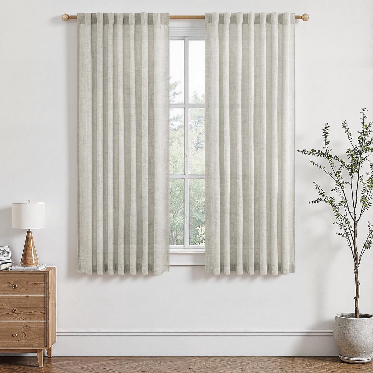Gordijnen, linnenlook, woonkamer, keuken, kort, raam, landelijke stijl, gordijn met stangdoorgang, linnen, halftransparant, set van 2, H 160 x B 140 cm, korte gordijnen slaapkamer
