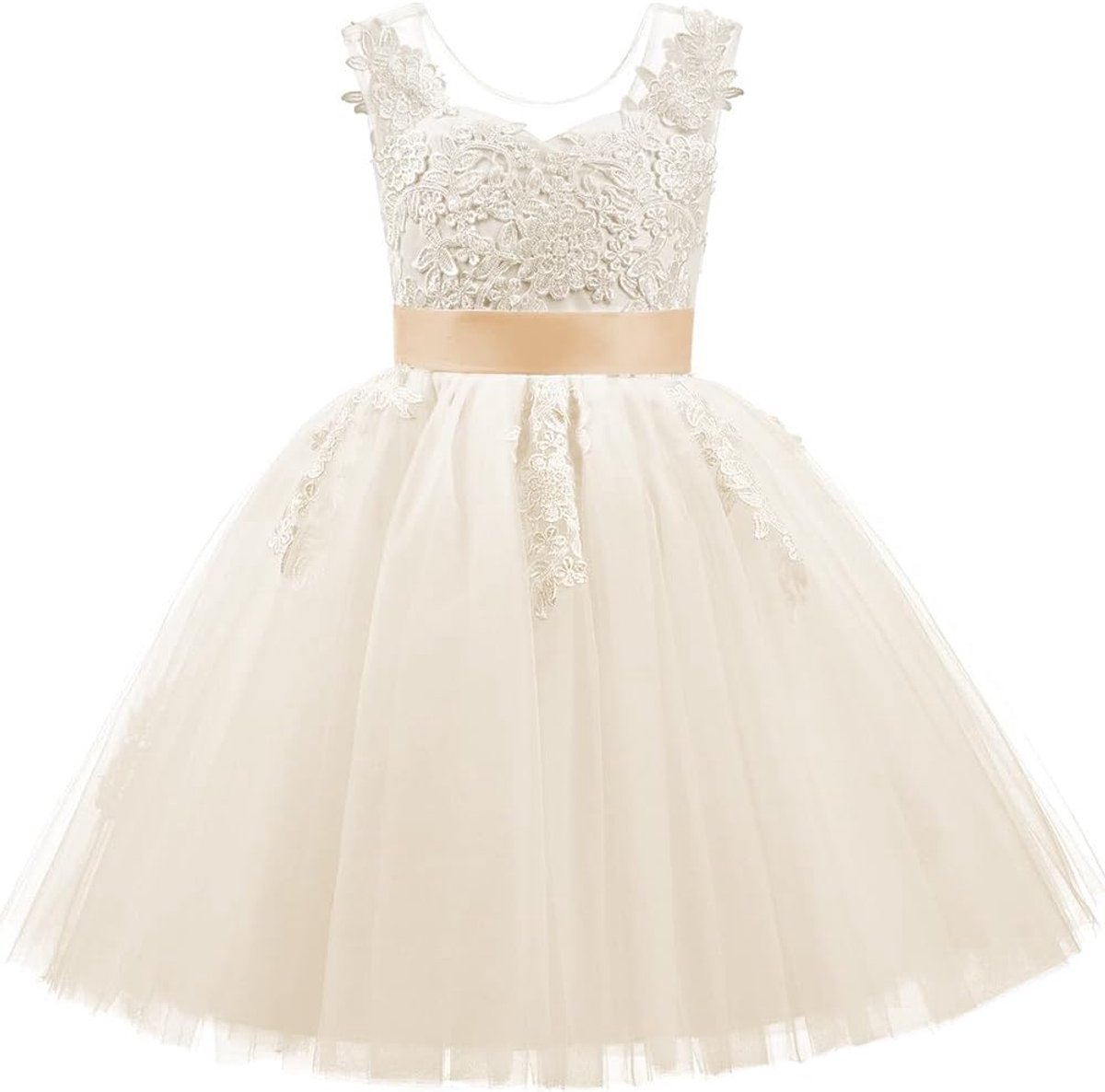 Bruidsmeisjesjurk, bloemenmeisjesjurk, voor meisjes, kant, V-rug, tule, bruiloft, feestjurk, champagne, 4-5 Jaren
