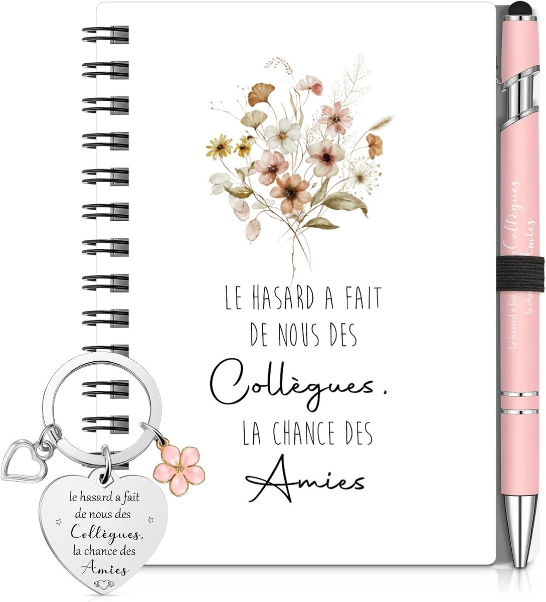 Cadeauset Voor Collega's Notitieboek Sleutelhanger Balpen Afscheidscadeau Voor Pensioen Medewerker(Roze,Le hasard a fait de nous des collègues)