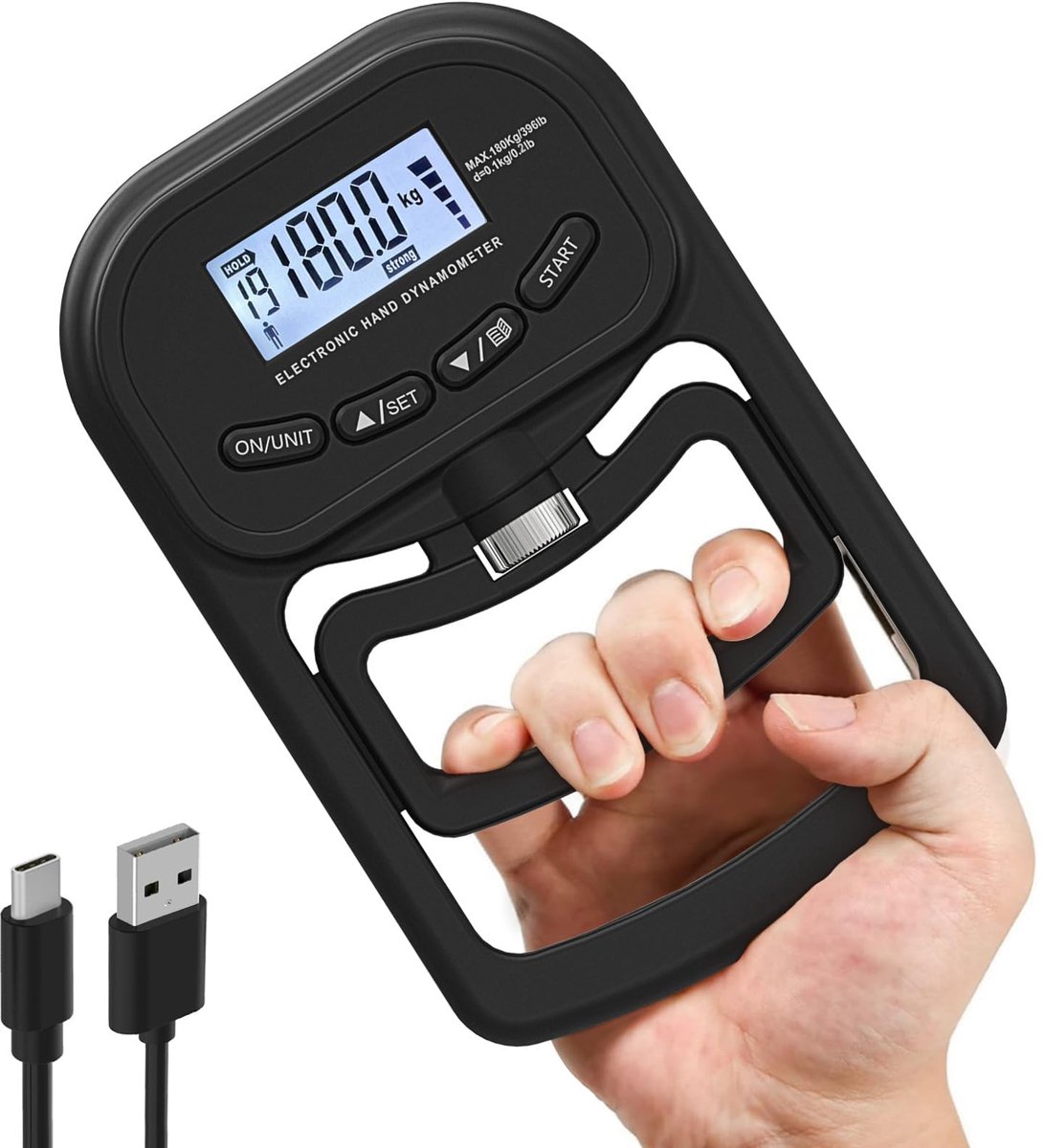 Digitale Handknijpkrachtmeter 180 kg - Oplaadbare Elektronische Gripkracht Trainer met LCD Display - Verstelbare Handdynamometer voor Krachttraining, Revalidatie, Fitness & Onderarmtraining