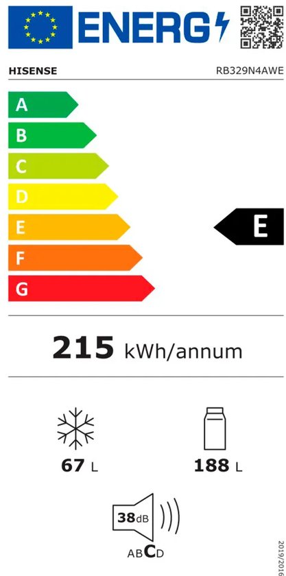 Energielabel E Hisense RB329N4AWE, 215 kWh/annum, 67L vriesvak, 188L koelvak, 38dB.