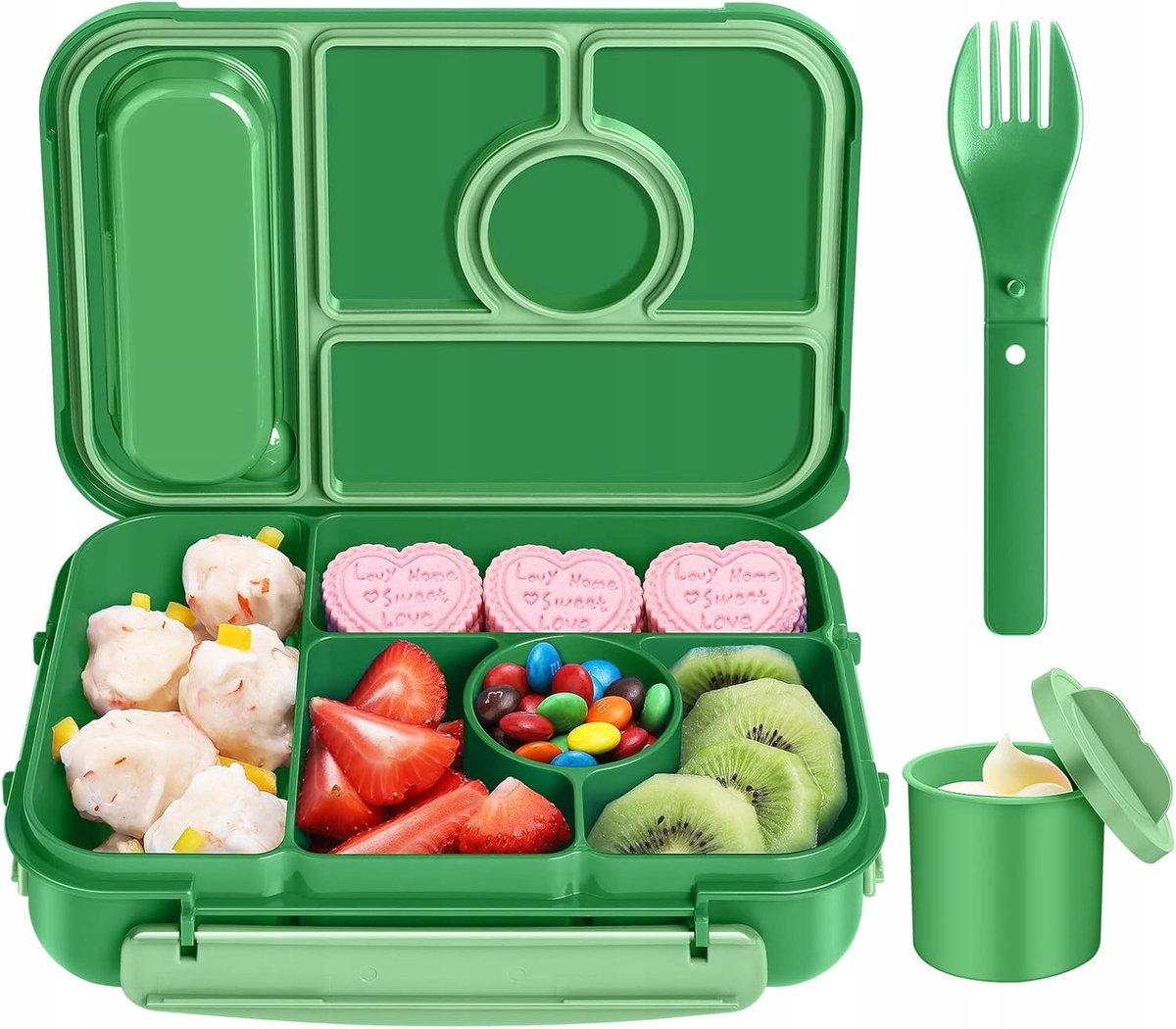 Lunchbox met 5 vakken, 1.3L, groen, lekvrij, magnetron- en vaatwasmachinebestendig